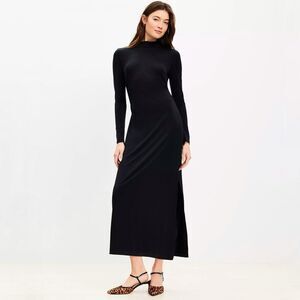 Loft Black Ribbed Long Sleeve Mock Neck Midi Dress